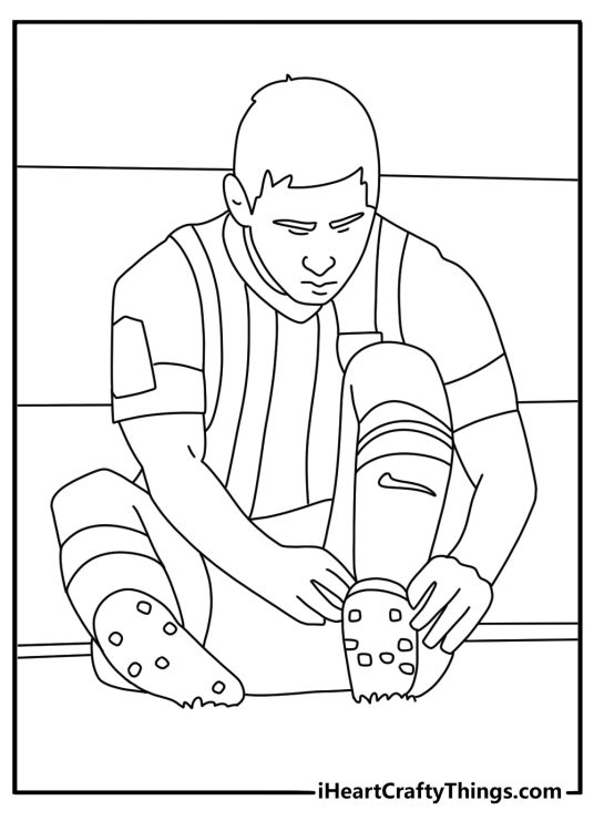Lionel Messi coloring sheet with Messi tying his cleats before a match
