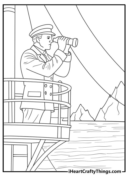 Lookout in the crows nest spotting an iceberg night scene Titanic coloring page printable