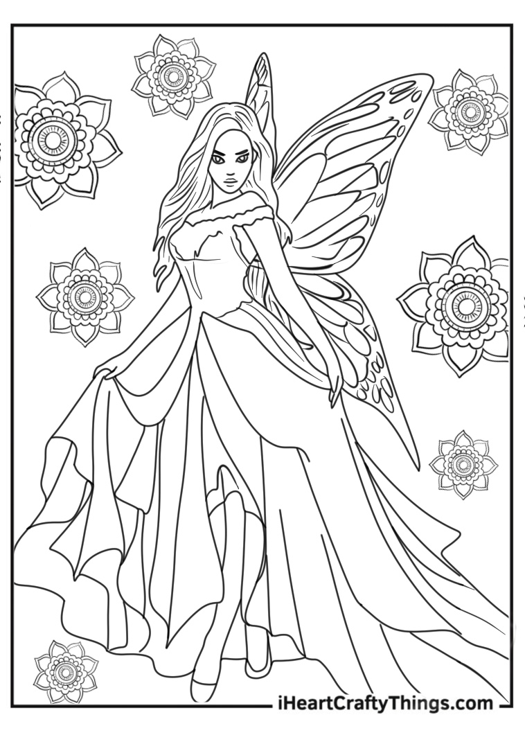 Coloring pdf of a beautiful fairy with large wings and luxurious dress surrounded by mandalas in the background