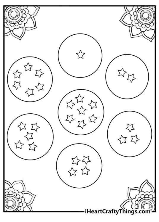 Mandala style Dragon Ball coloring page with seven Dragon Balls for adults