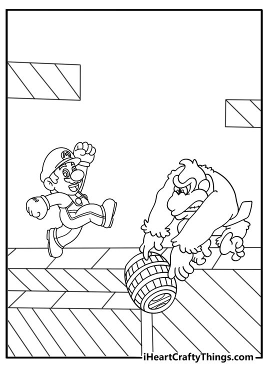 Mario and Donkey Kong coloring page with Mario dodging a rolling barrel on girder stage