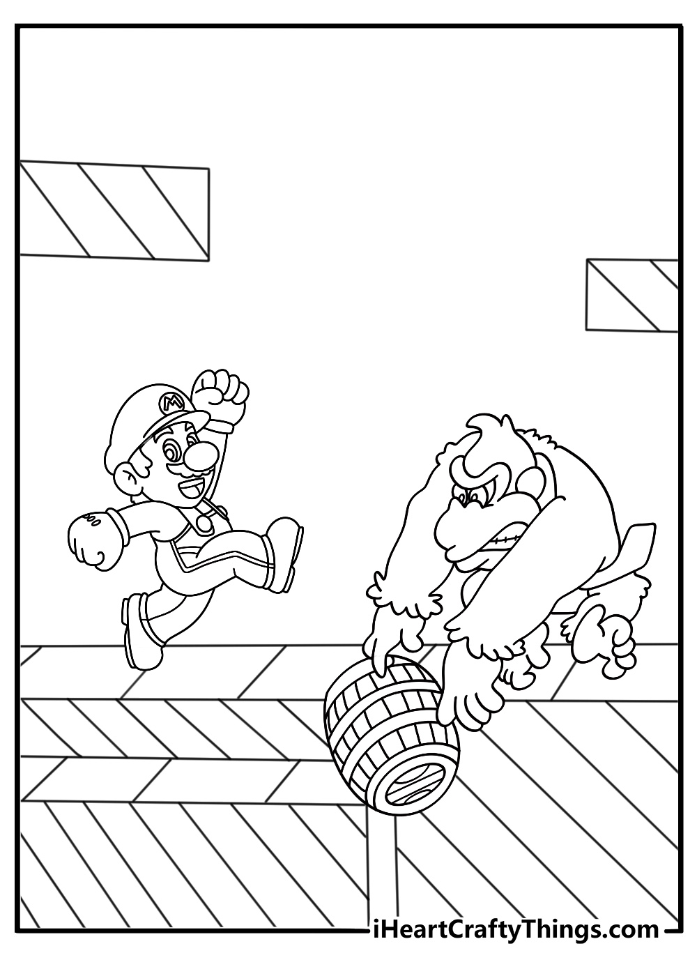 Mario and Donkey Kong coloring page with Mario dodging a rolling barrel on girder stage