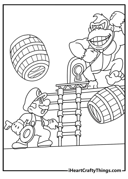 Mario vs Donkey Kong coloring page with key and locked door puzzle scene