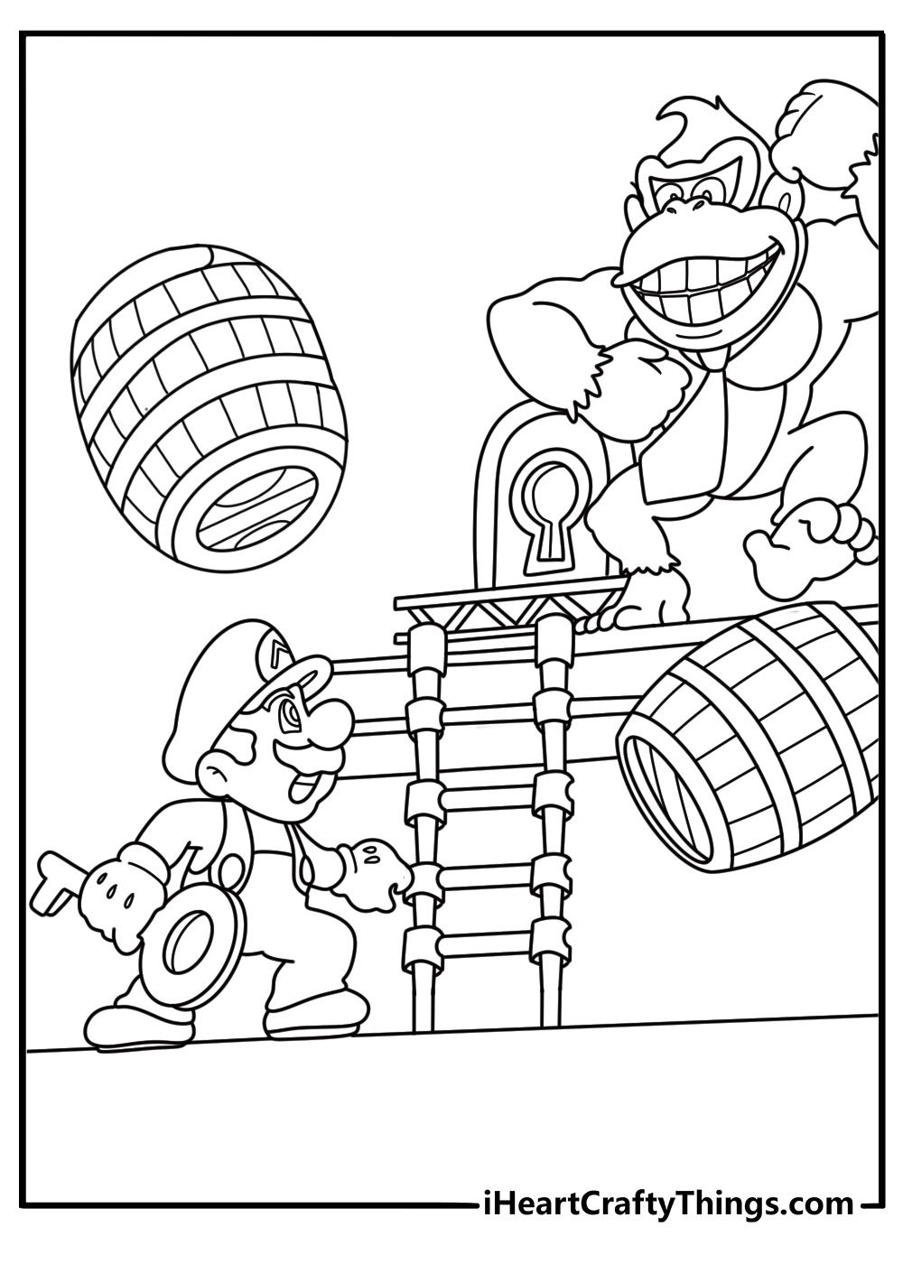 Mario vs Donkey Kong coloring page with key and locked door puzzle scene