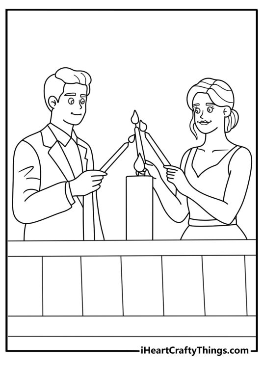 Marriage coloring page with a couple lighting a unity candle