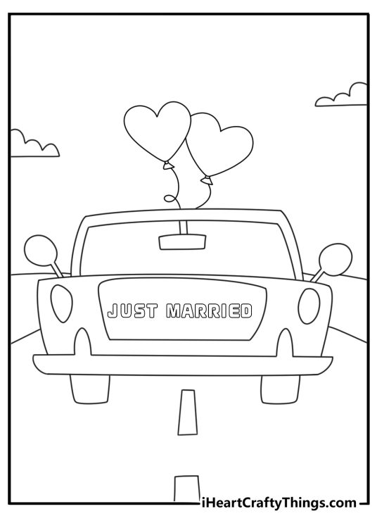 Marriage coloring sheet with a just married sign on the back of a car