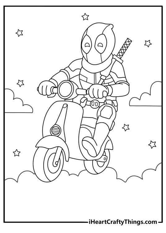 Marvel Deadpool coloring sheet with the hero driving a scooter through the city