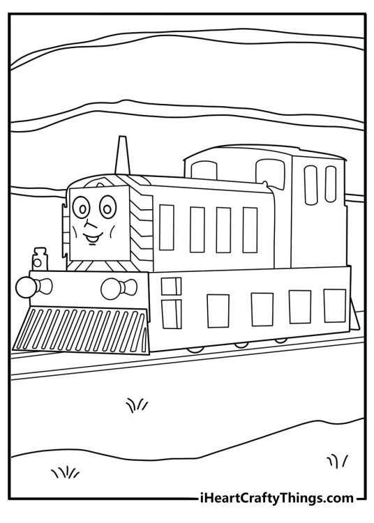 Mavis working at the quarry with rock heaps printable coloring sheet