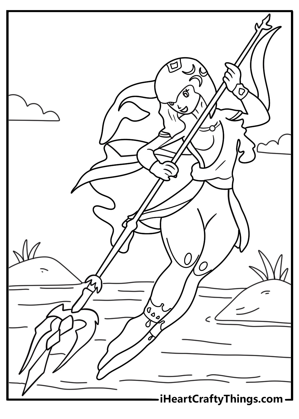 Mipha the Zora healer by river holds spear cute kawaii coloring sheet printable