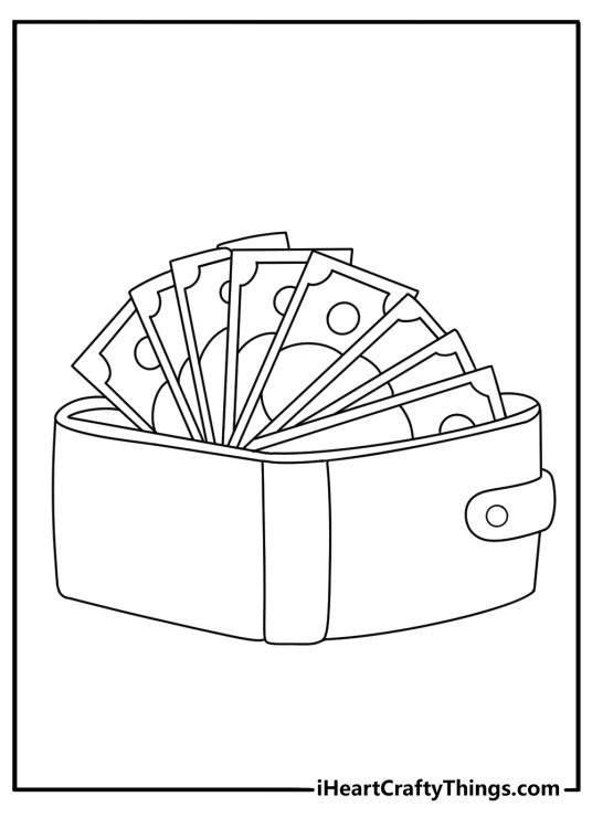 Money coloring page with stacked dollar bills inside an open wallet