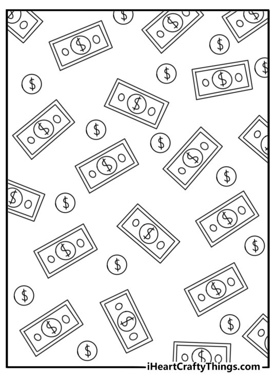 Money coloring pages for adults with detailed coins and banknotes in a pattern