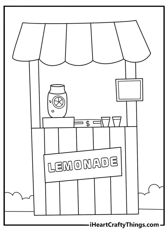 Money coloring pages for kids with a lemonade stand cash box on a table