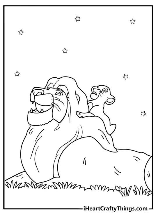 Mufasa sharing wisdom under starry sky father son moment printable Lion King coloring page