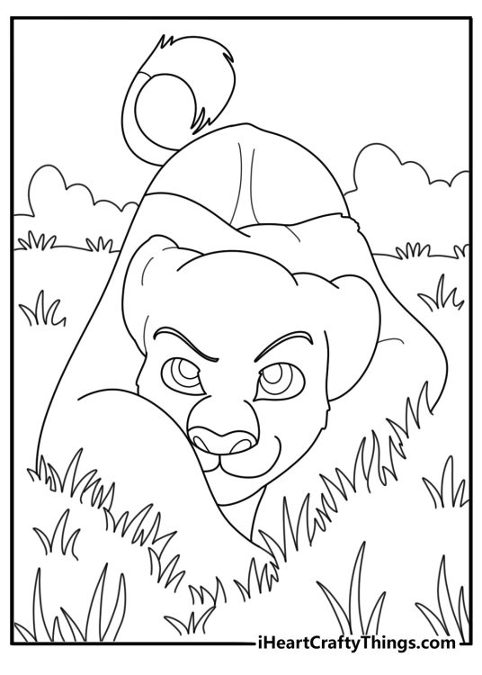 Nala in hunting crouch focused pose detailed Lion King coloring pdf for adults
