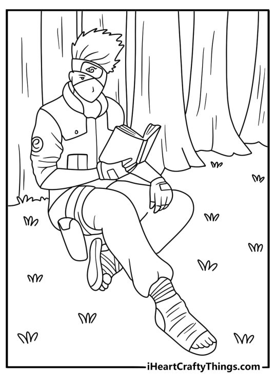 Naruto coloring page for kids with Kakashi reading beside a training post