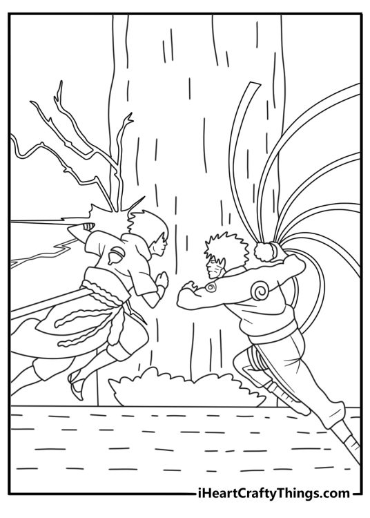 Naruto coloring page with Naruto and Sasuke facing each other at a waterfall