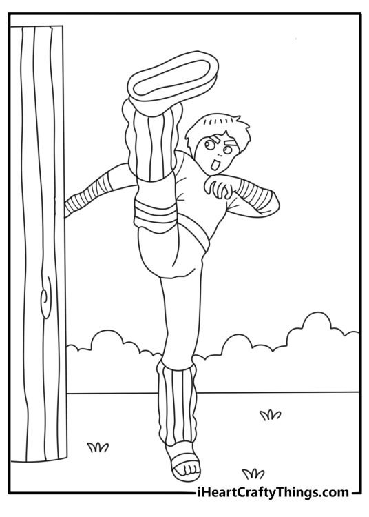 Naruto coloring pages scene with Rock Lee practicing kicks beside training logs