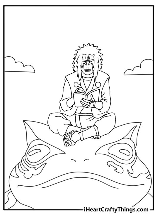 Naruto coloring sheet with Jiraiya writing near a giant toad
