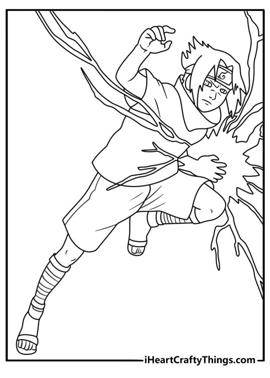 Naruto coloring sheet with Sasuke using chidori beside lightning lines