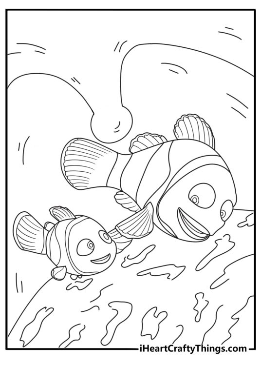 Nemo and Marlin riding inside whale mouth simple coloring page