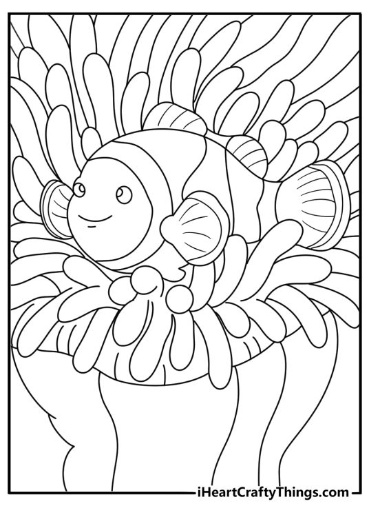 Nemo hiding inside sea anemone tentacles simple coloring page for kids