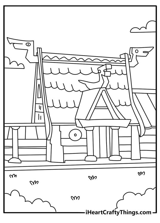 Norse Viking coloring page showing wooden house with carved dragon posts