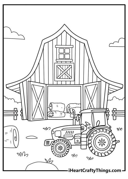 Old barn with tractor parked beside hay stacks rustic coloring printable