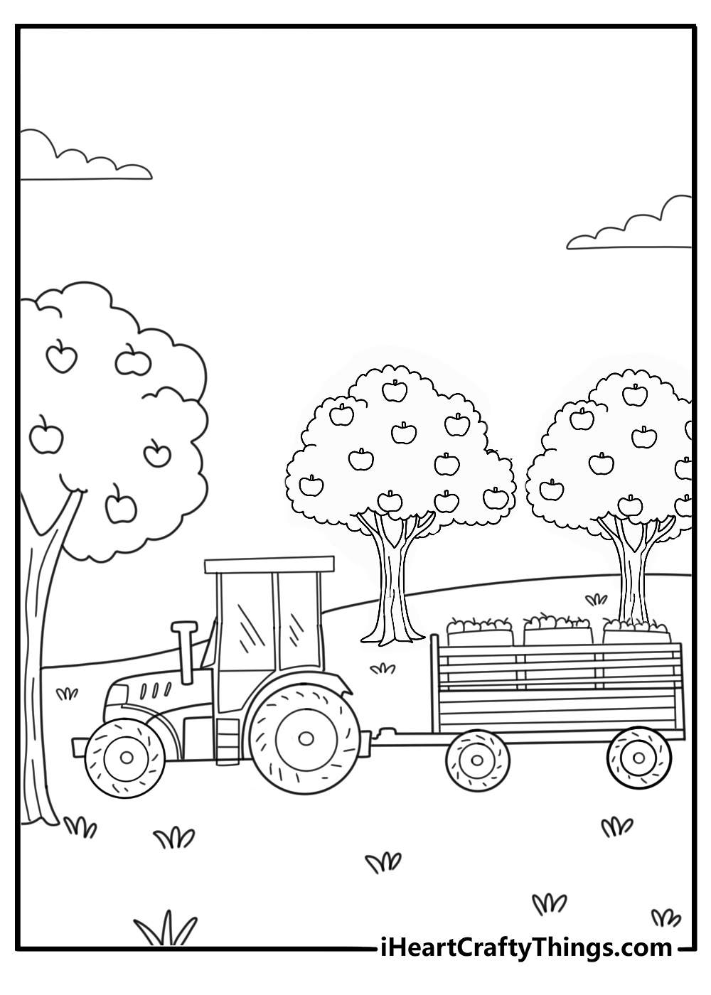 Orchard tractor driving between apple trees coloring page to download