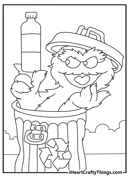 Oscar sorts bottles into recycling bins in this educational coloring sheet