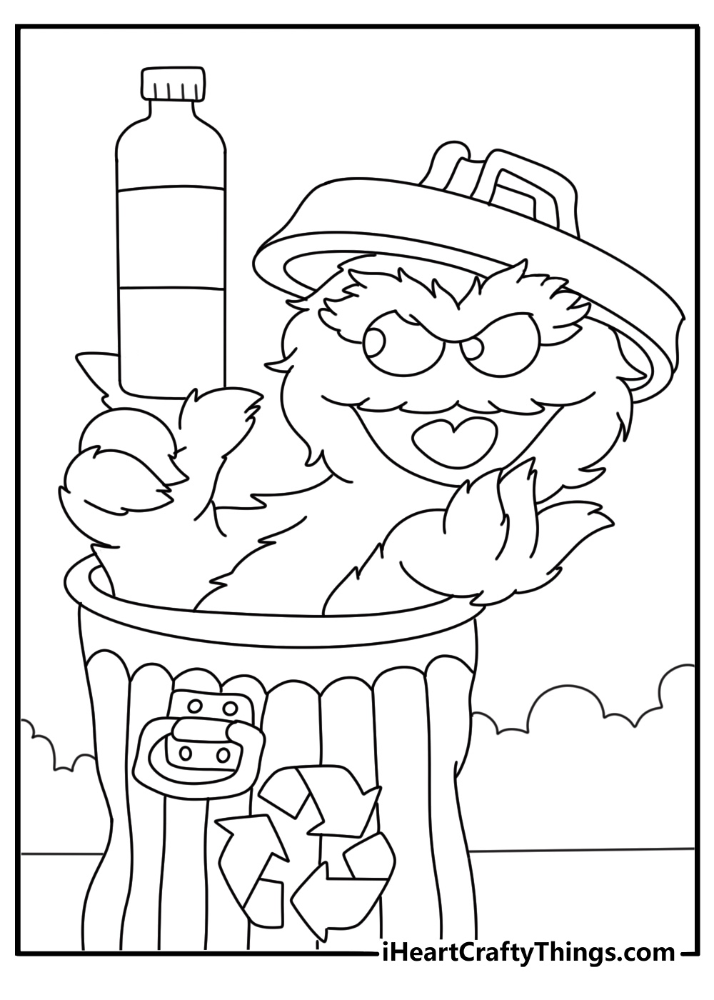 Oscar sorts bottles into recycling bins in this educational coloring sheet