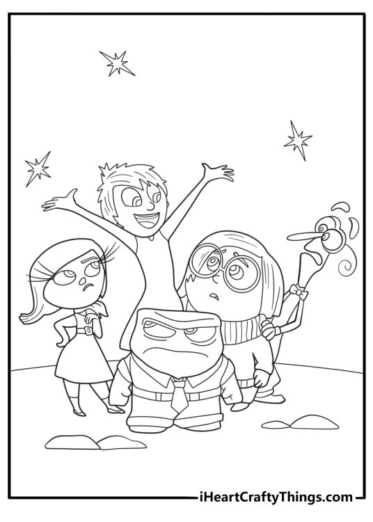 Partoon Inside Out page featuring all five emotions together in one scene