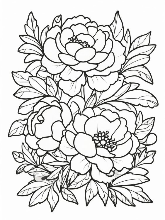 Peony Flowers With Leaves Coloring Sheet