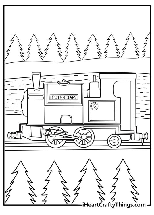 Peter Sam passing an alpine lake with tall pines easy coloring page