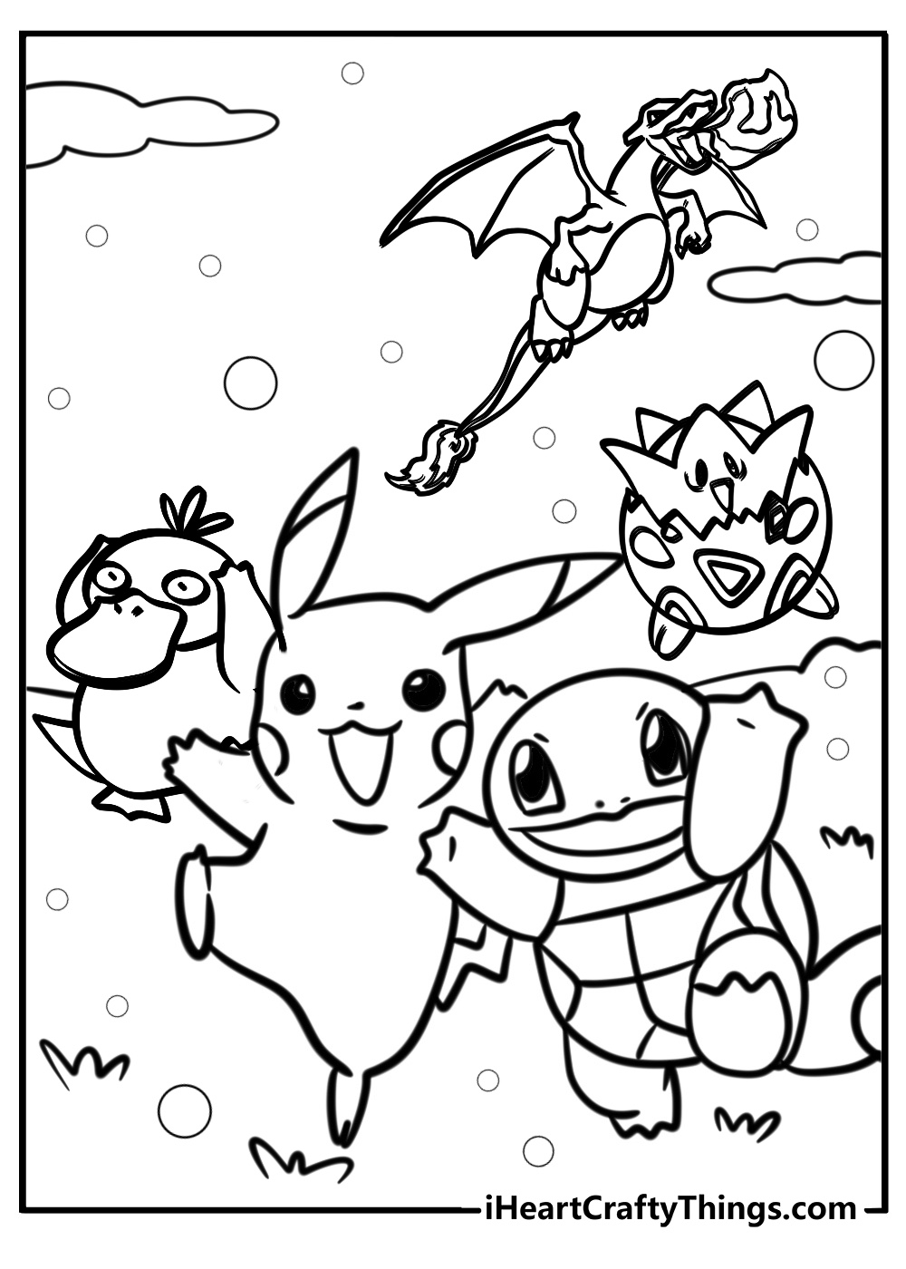 Pikachu and friends on an adventure fun coloring sheet