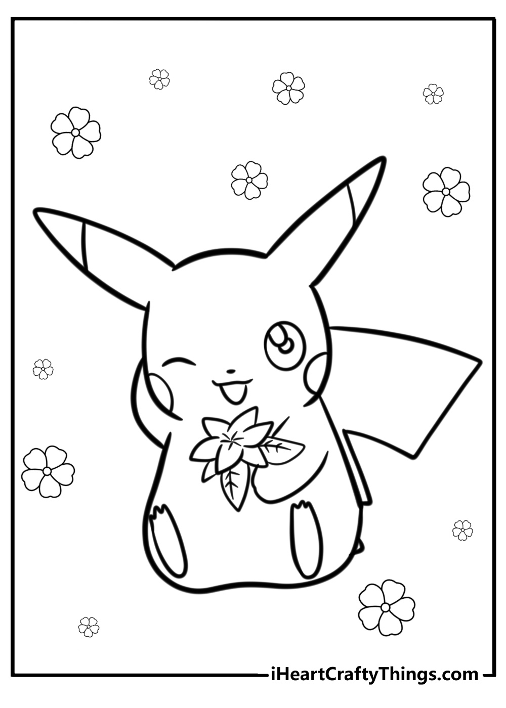 Pikachu holding a flower printable Pokemon coloring page