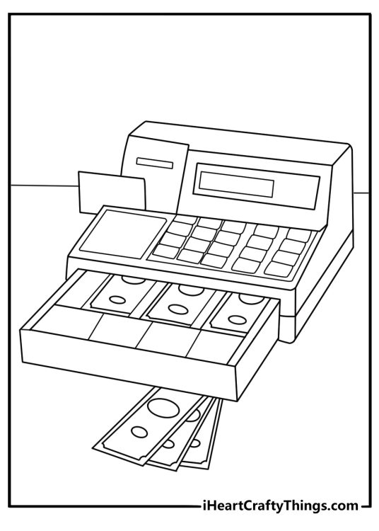 Play money coloring pages with toy cash beside a pretend store register
