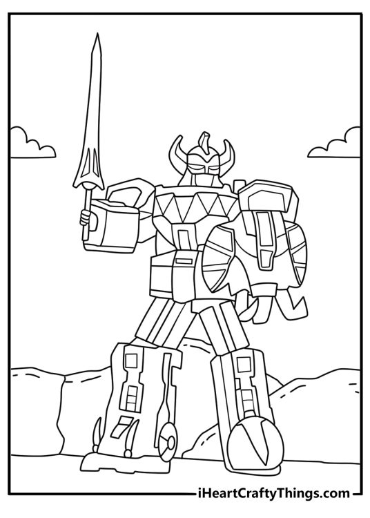 Power Rangers coloring pages scene featuring the Dino Megazord with its Power Sword