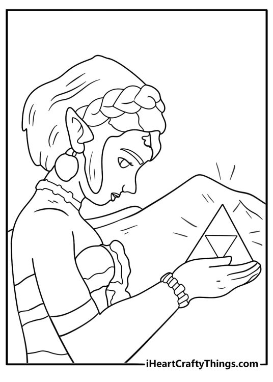 Princess Zelda uses light magic with Triforce glow detailed coloring sheet for adults