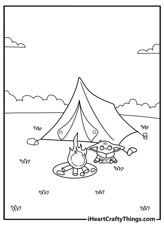 Printable Baby Yoda coloring page showing Grogu near a campfire