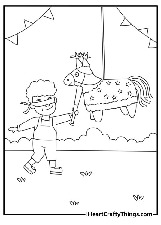Printable Cinco De Mayo coloring pages with a boy beating a pinata with a stick