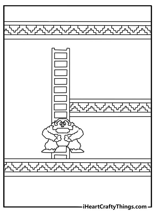 Printable Donkey Kong coloring sheet showing DK climbing a tall ladder in arcade style