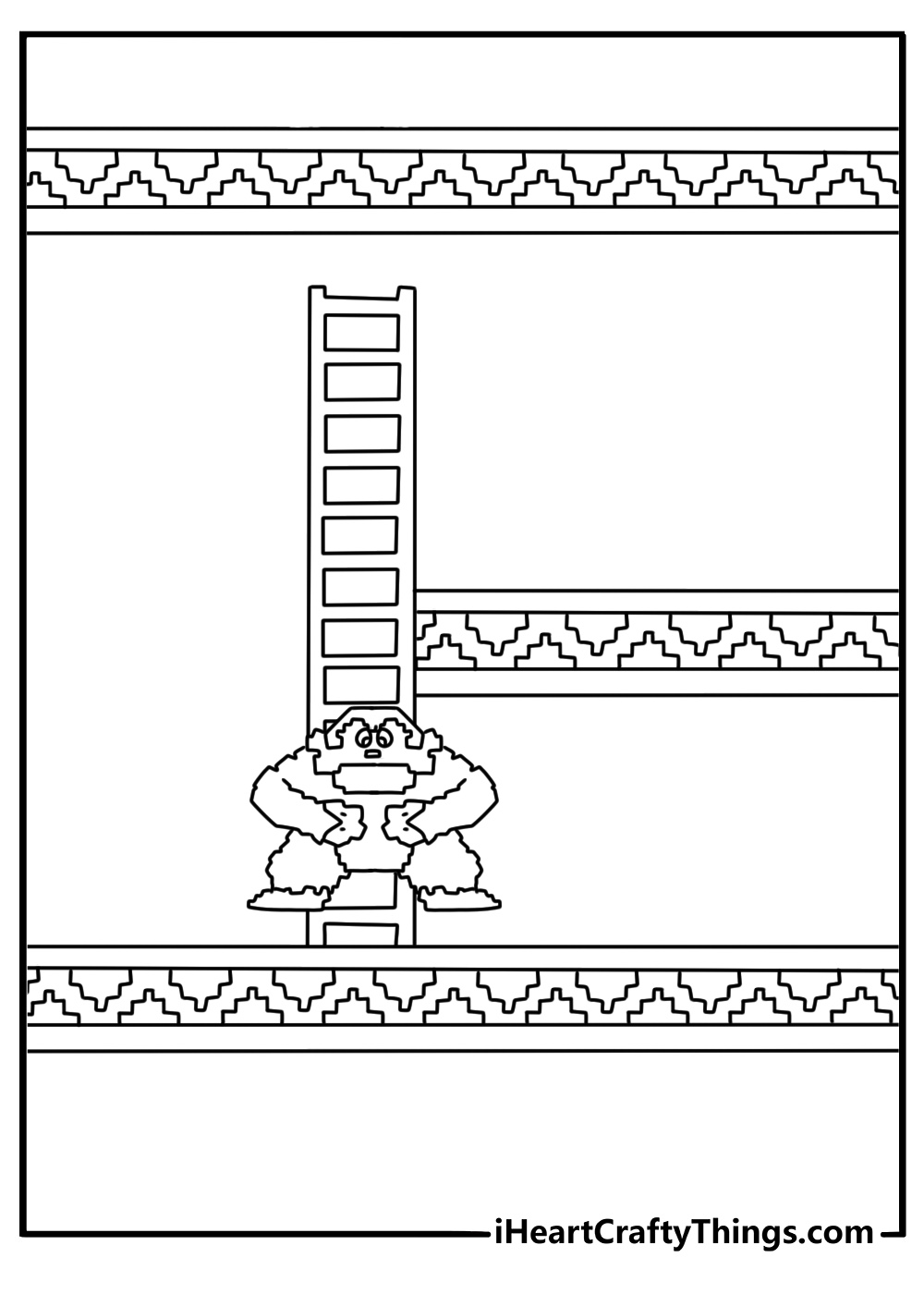 Printable Donkey Kong coloring sheet showing DK climbing a tall ladder in arcade style