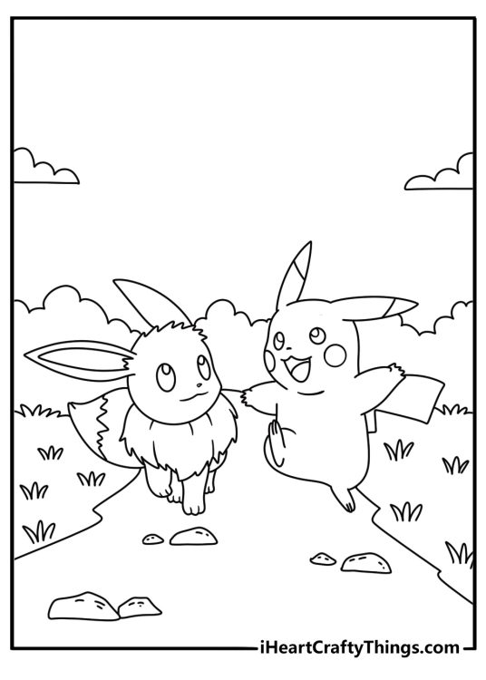 Printable Eevee coloring page with Eevee meeting Pikachu on a path