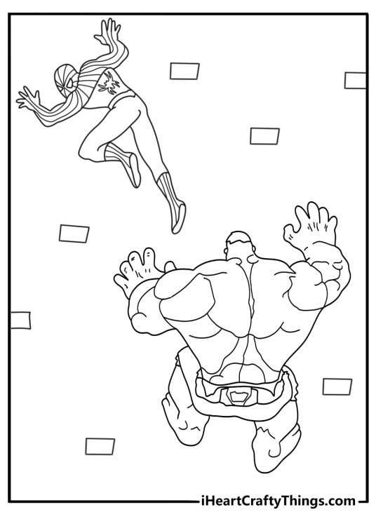 Printable Hulk and Spiderman coloring page with Hulk climbing a wall beside Spider Man