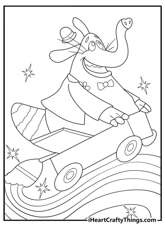 Printable Inside Out coloring sheet showing Bing Bong riding his wagon rocket