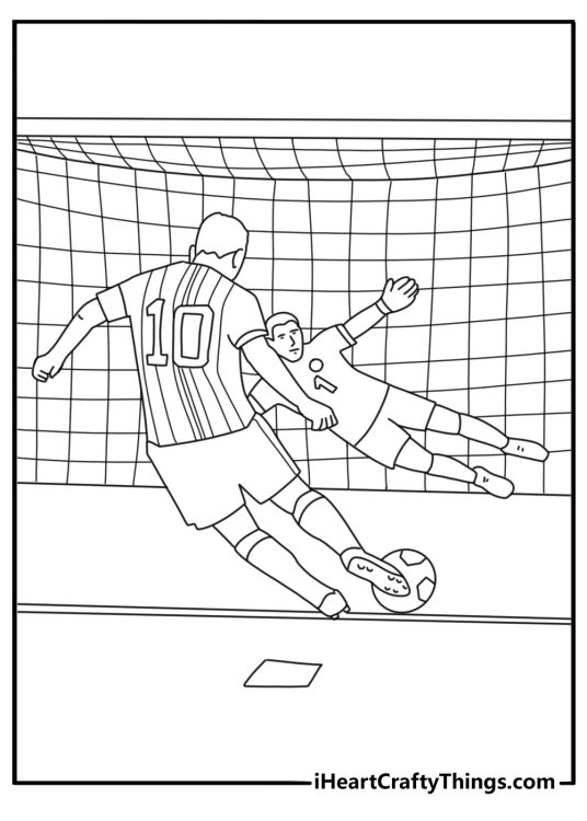 Printable Lionel Messi coloring page with Messi taking a penalty kick