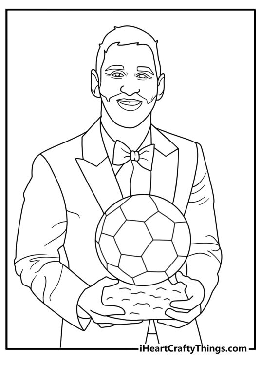 Printable Messi coloring sheet with Messi receiving the Ballon dOr