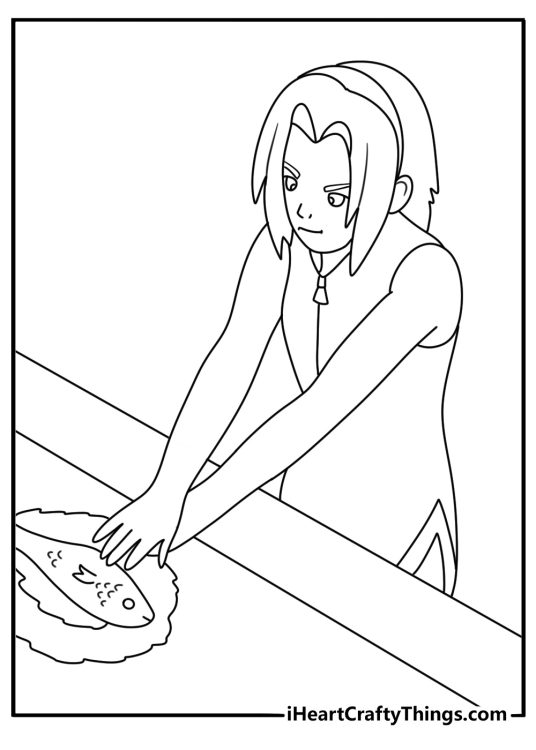 Printable Naruto coloring page with Sakura using medical ninjutsu near a scroll