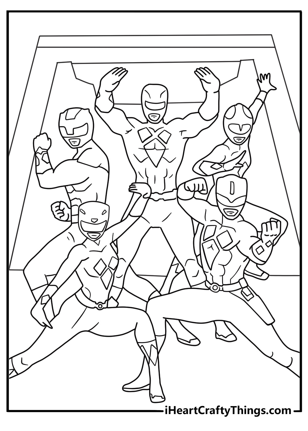 Printable Power Rangers page showing the Rangers entering the Command Center