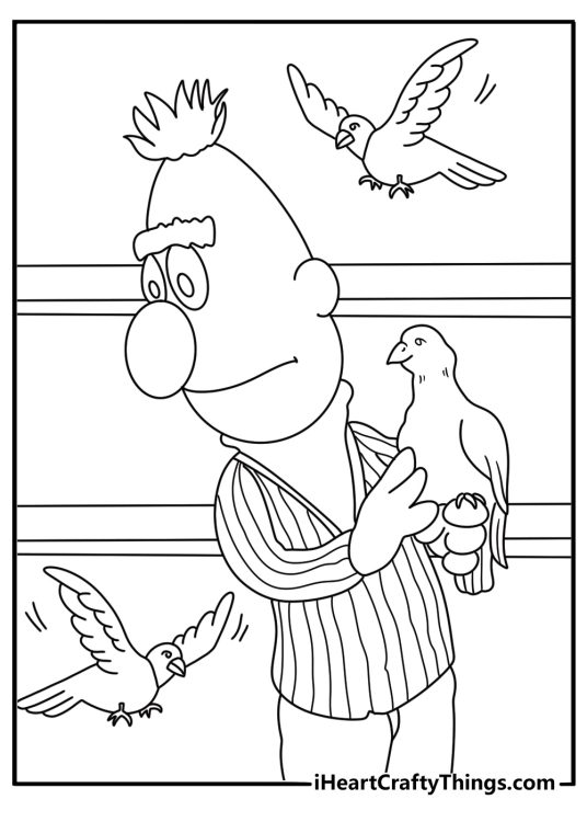 Printable Sesame Street page with Bert caring for his pigeon coop